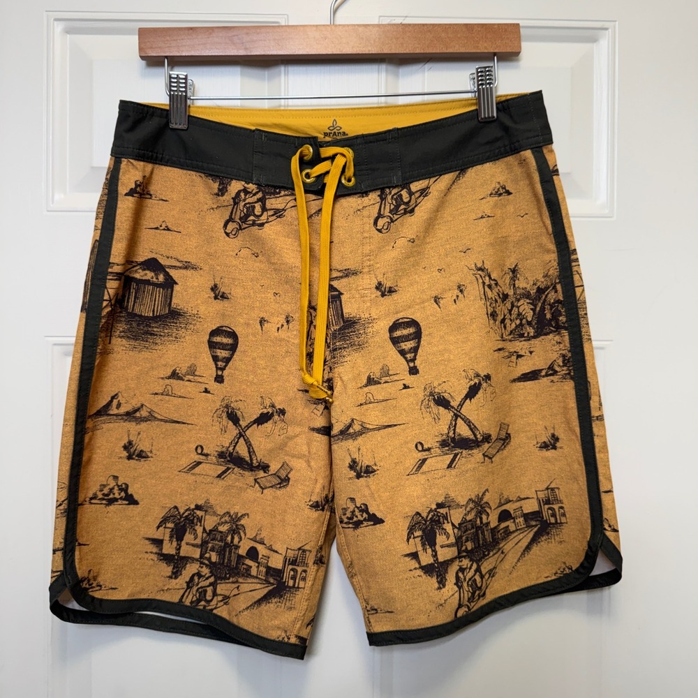 Prana Mens Board Shorts 30 Mustard Yellow Tropical Toile Print Surf Gorpcore